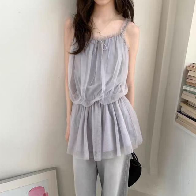 Spaghetti Strap Plain Frill Trim Mesh Mini A-Line Dress