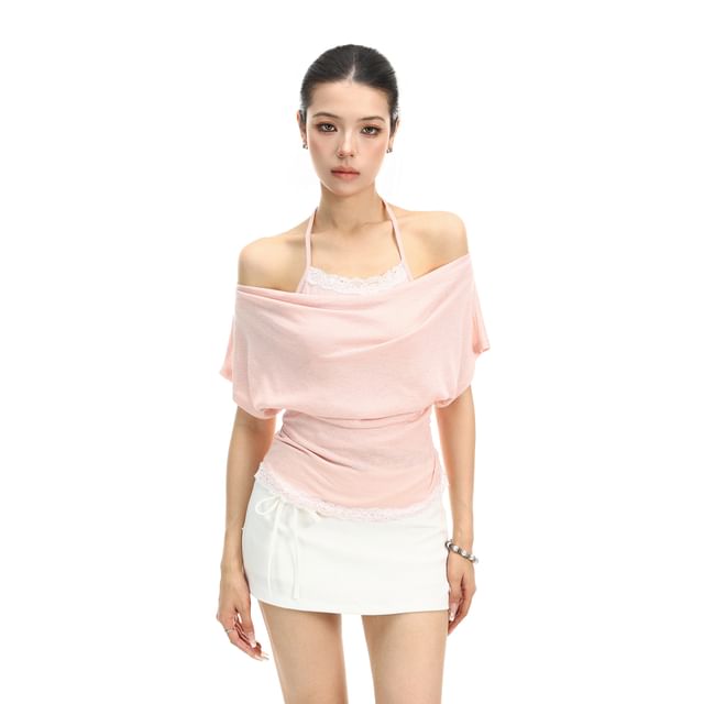Short-Sleeve Cowl Neck Plain Lace Trim T-Shirt