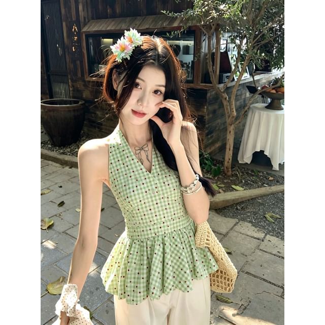 Halter V-Neck Dotted Bubble Hem Tank Top