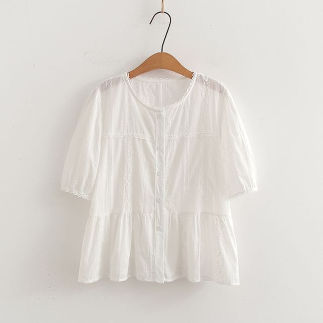 Short-Sleeve U-Neck Plain Crop Blouse