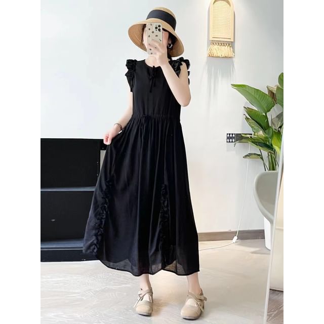 Cap-Sleeve Frill Trim Plain Maxi A-Line Dress