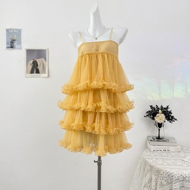 Spaghetti Strap Sheer Mini Tiered Dress