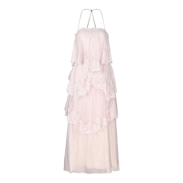 Spaghetti Strap Lace Asymmetrical Maxi A-Line Dress