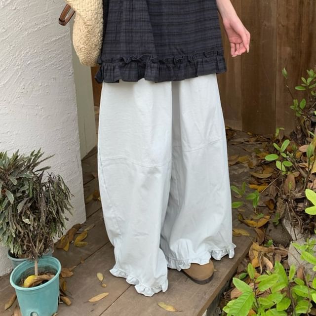 Ruffle Wide-Leg Pants & V-Neck Plaid Blouse Set