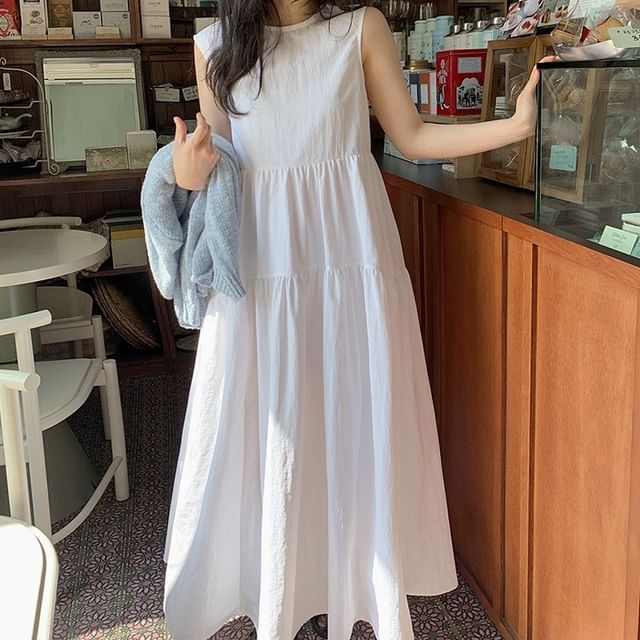 Sleeveless Crew Neck Plain Ruched Maxi A-Line Dress