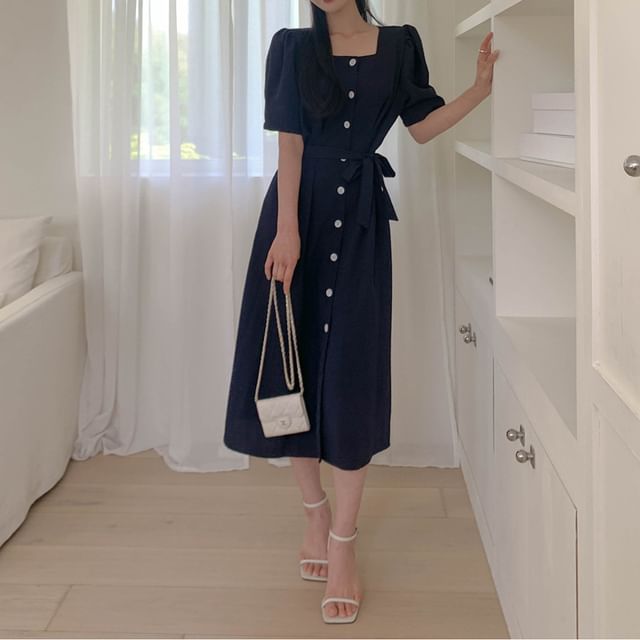 Short-Sleeve Square Neck Plain Button Up Maxi A-Line Dress