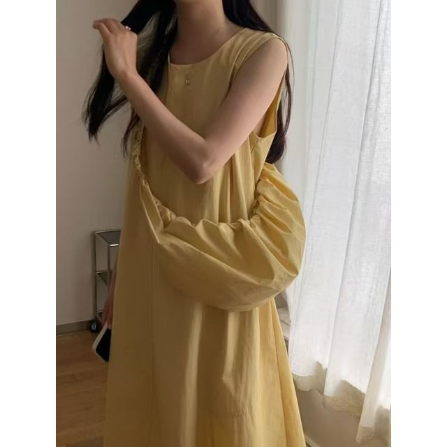 Sleeveless Round Neck Plain Ruffled-Trim Loose-Fit Maxi Dress
