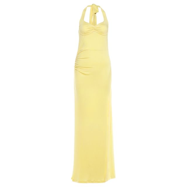 Halter V-Neck Plain Ruched Open Back Maxi Bodycon Dress