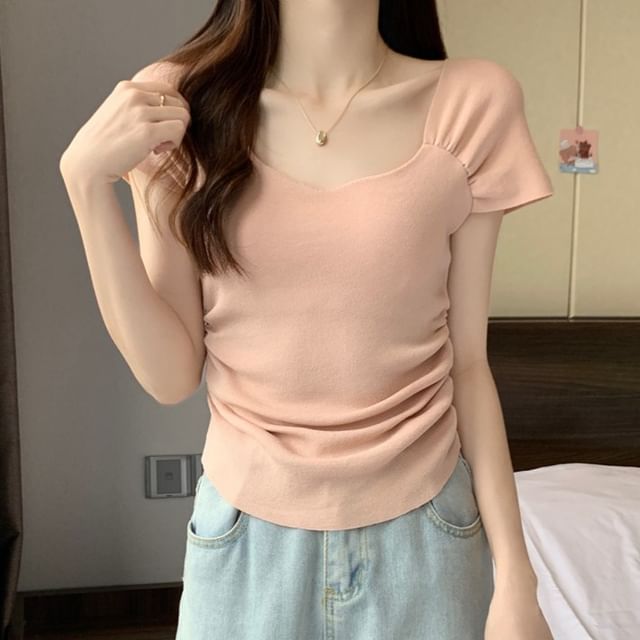 Square Neck Ruched Short Sleeve T-Shirt