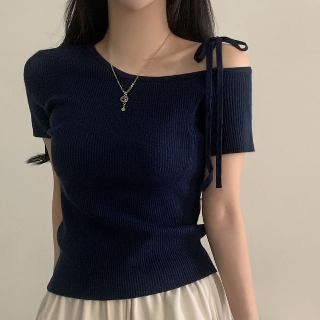 Cold Shoulder Ribbed Knit Top with Short Sleeves