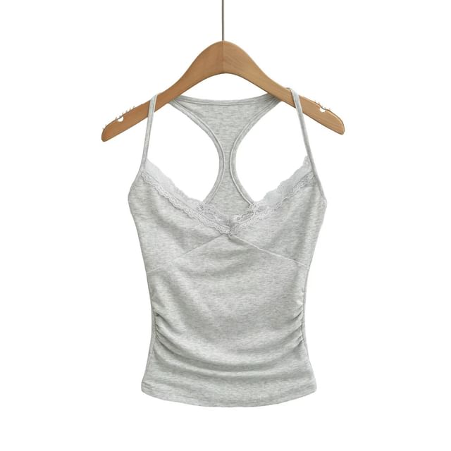 Ruched Racerback Crop Top with Lace Trim