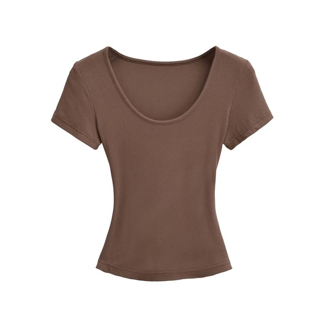 Ribbed Scoop Neck Crop T-Shirt with Short Sleeves