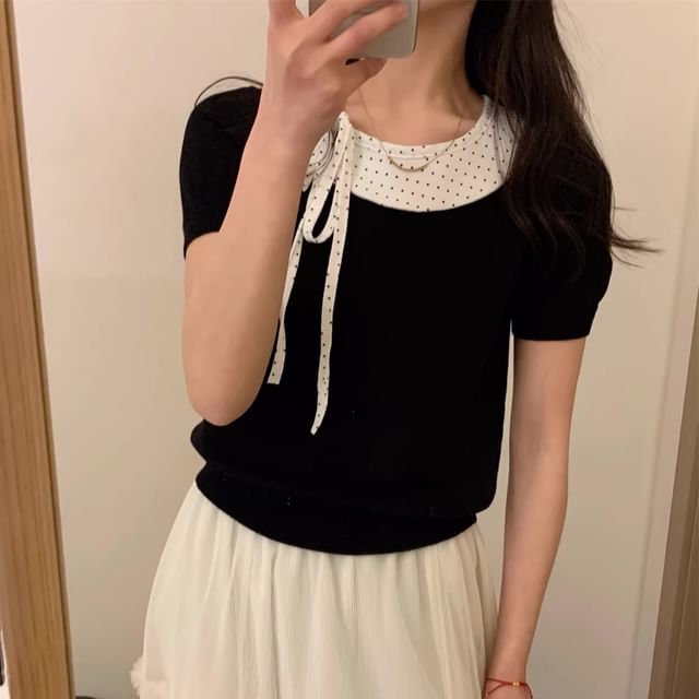Dotted Panel Knit Top with Short Sleeves
