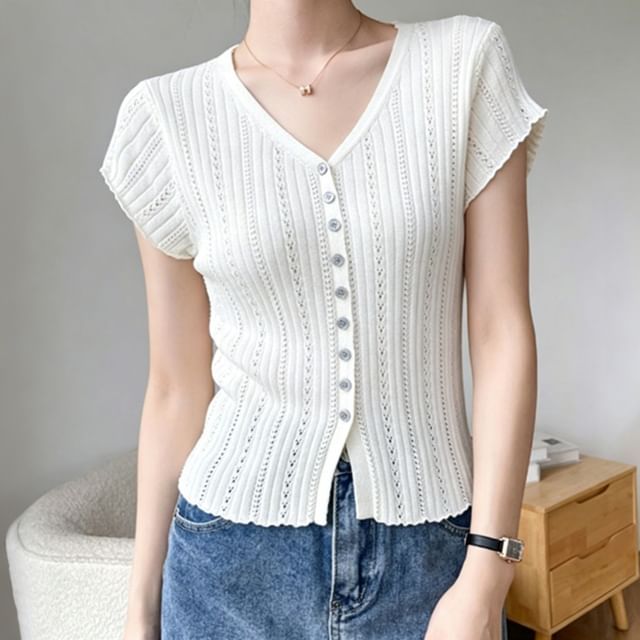 V-Neck Cap Sleeve Eyelet Knit Blouse with Buttons
