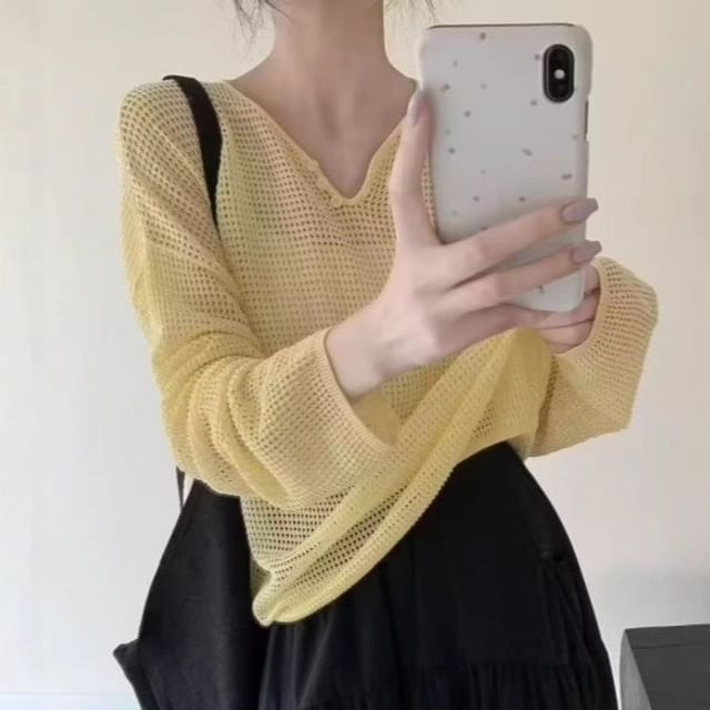 Perforated V-Neck Knit Top with Long Sleeves