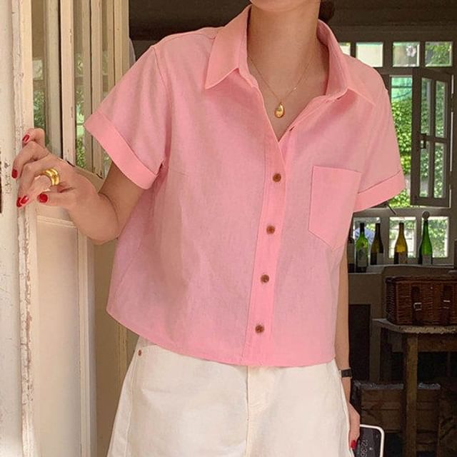 Collared Plain Short Sleeve Shirt