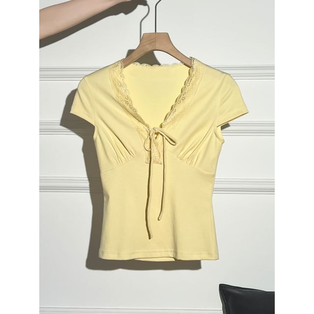 Cap-Sleeve V-Neck Plain Lace Trim T-Shirt
