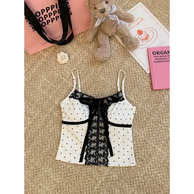 V-Neck Micro Dot Lace Panel Padded Crop Camisole Top