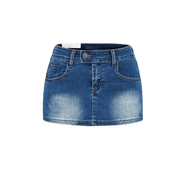 Low Rise Washed Denim Mini Pencil Skirt
