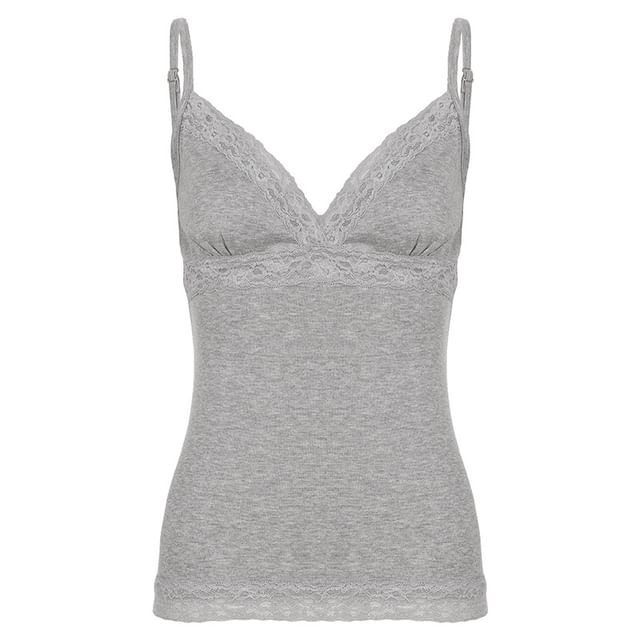V-Neck Plain Lace-Trim Slim-Fit Crop Camisole Top
