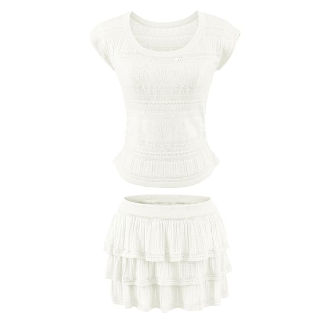 Set: Short Sleeve Plain Pointelle Slim-Fit Knit Top + High Waist Mini Tiered Skirt