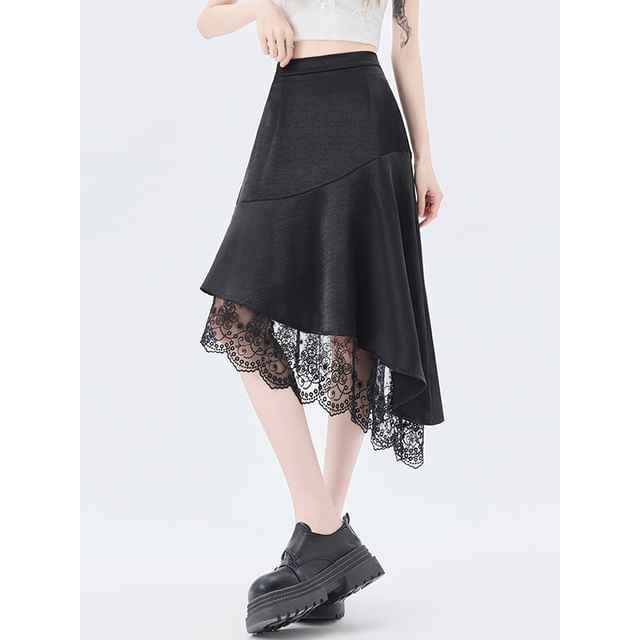 High Waist Plain Asymmetrical Lace Panel Satin Midi A-Line Skirt