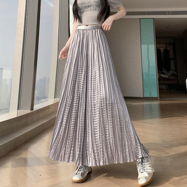 High Waist Plain Pleated Maxi A-Line Skirt