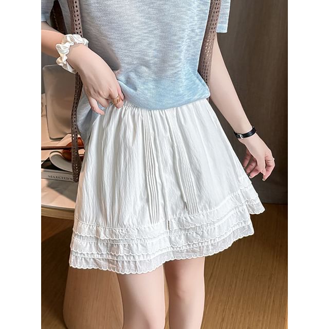 Drawstring Waist Plain Tiered Pintuck Mini A-Line Skirt