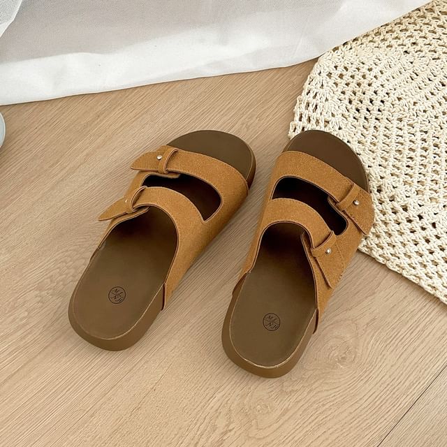 Double Strap Buckled Faux Suede Slide Sandals