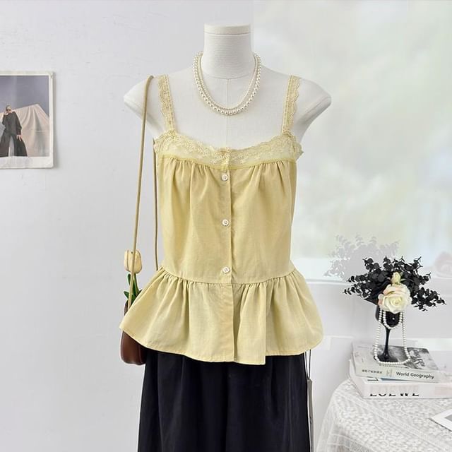 Sleeveless Lace Trim Button-Up Plain Flowy Top