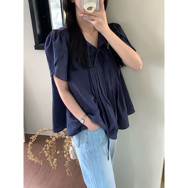 Tie-Neck Pleated Loose-Fit Short Sleeve Blouse