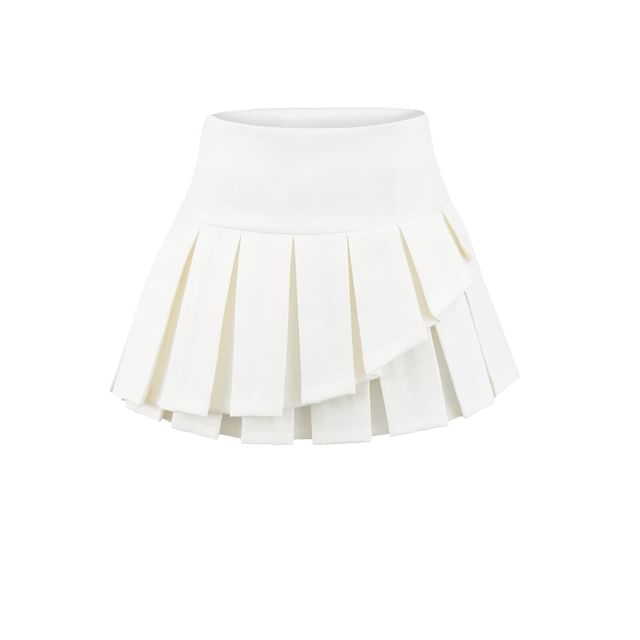 High Waist Plain Asymmetrical Pleated Mini A-Line Skirt