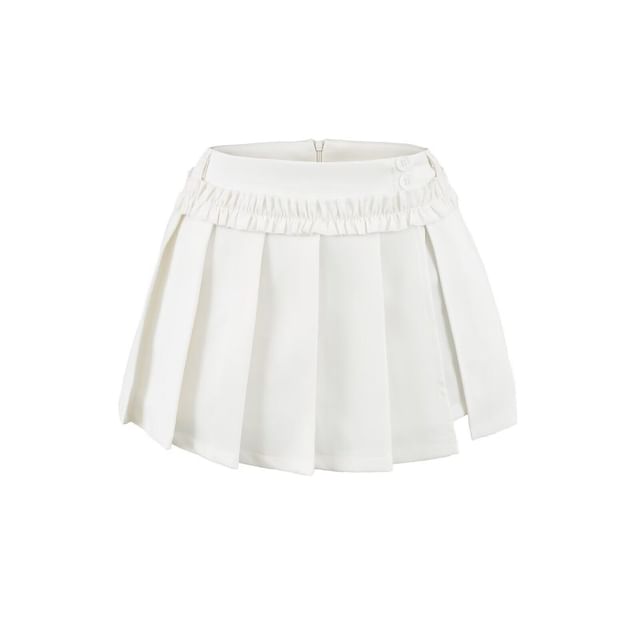 Mid Rise Plain Ruffle Trim Mini Pleated Skirt