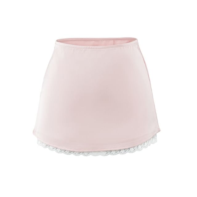 High Waist Lace Trim Satin Mini A-Line Skirt