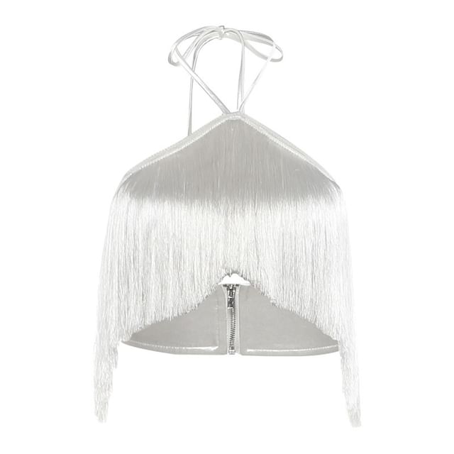 Halter Plain Fringe Crop Top / Mid Rise Sequin Mesh Mini Pencil Skirt