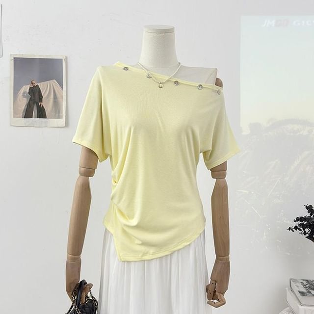 Off-Shoulder Embellished Asymmetrical Short-Sleeve T-Shirt