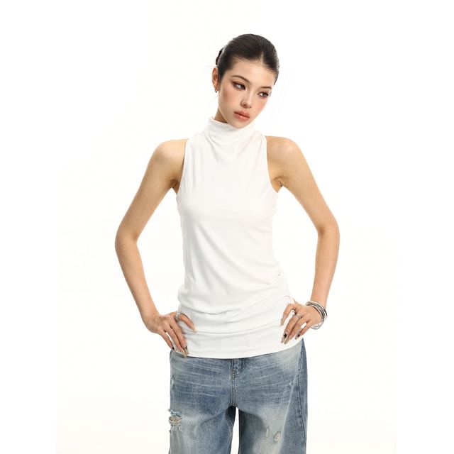 Turtleneck Plain Twisted Racerback Slim Fit Tank Top