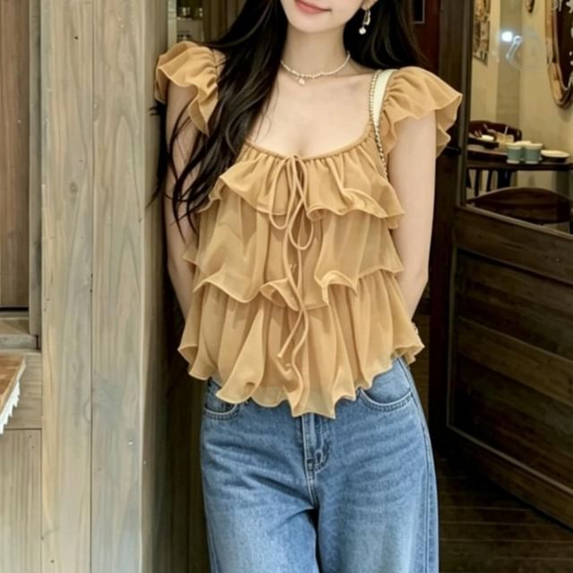Sleeveless Scoop Neck Plain Ruffle Trim Top