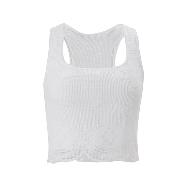 Square-Neck Lace Crop Tank Top with Mesh Panel Skirt