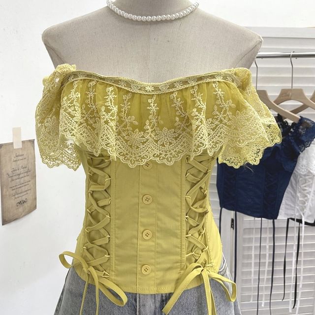Lace Panel Cap-Sleeve Square Neck Lace-Up Crop Top