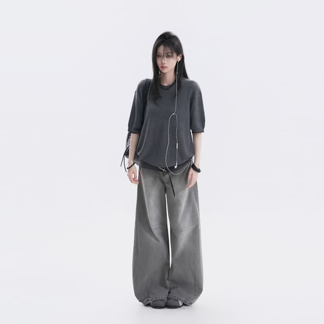 Elbow-Sleeve Crew Neck Plain Oversized Knit Top