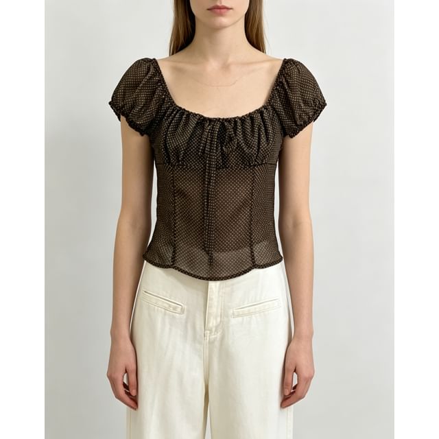 Puff-Sleeve Polka Dot Sheer Tie-Front Blouse