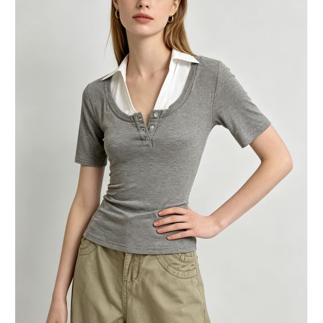Color-Block Mock Two-Piece Collared Top
