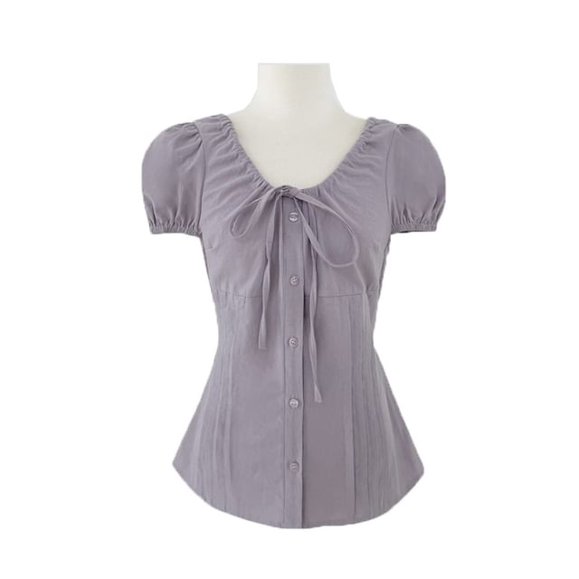 Puff Sleeve U-Neck Button Front Blouse