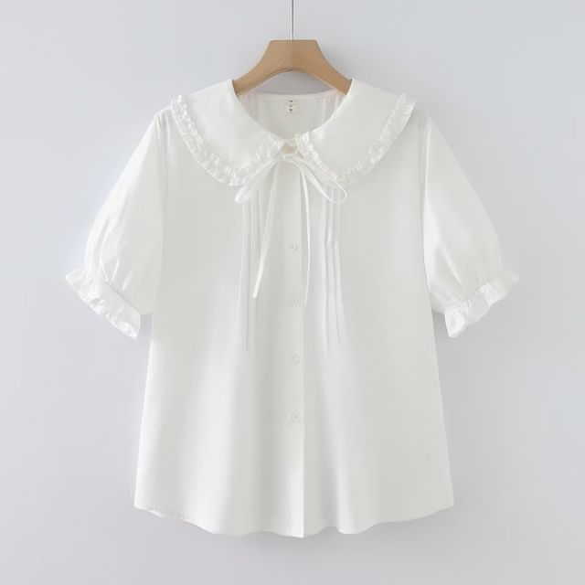 Puff Sleeve Ruffled Trim Button Blouse