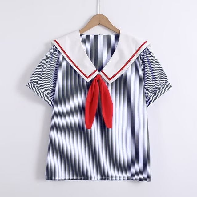 Striped Sailor Collar Puff Sleeve Blouse