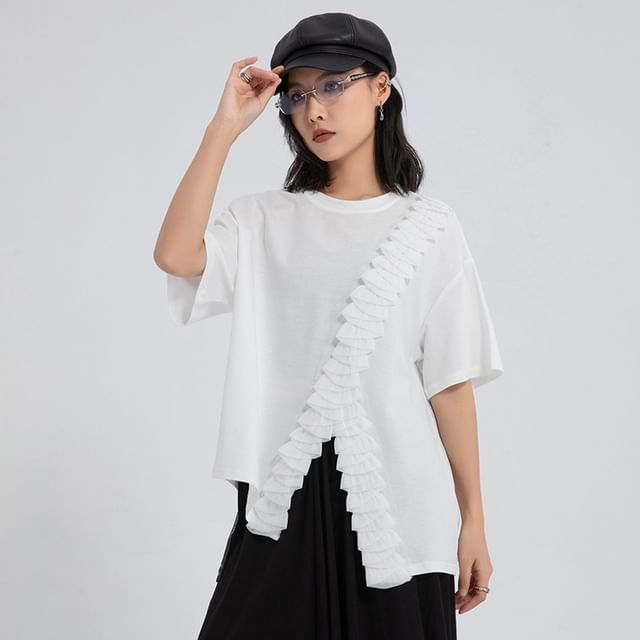 Asymmetric Crew Neck Tee with Ruffled Detail