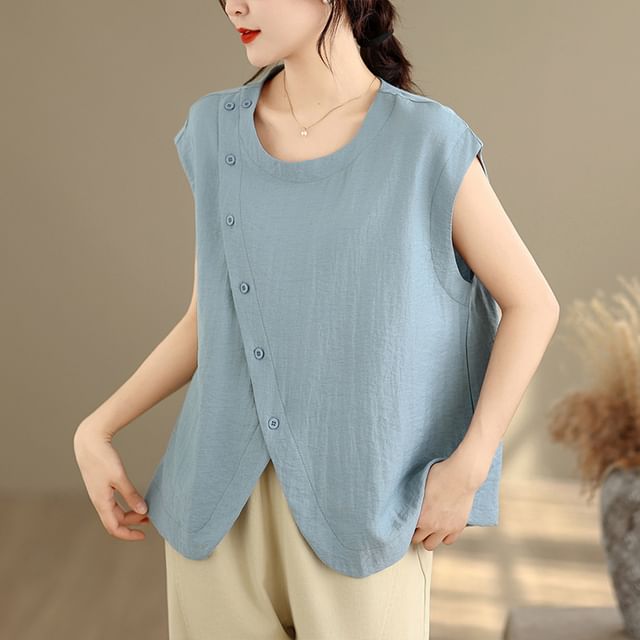 Button Front Slit Top with Cap Sleeves