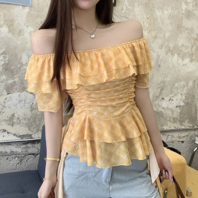 Off Shoulder Plaid Ruffled Asymmetrical Blouse