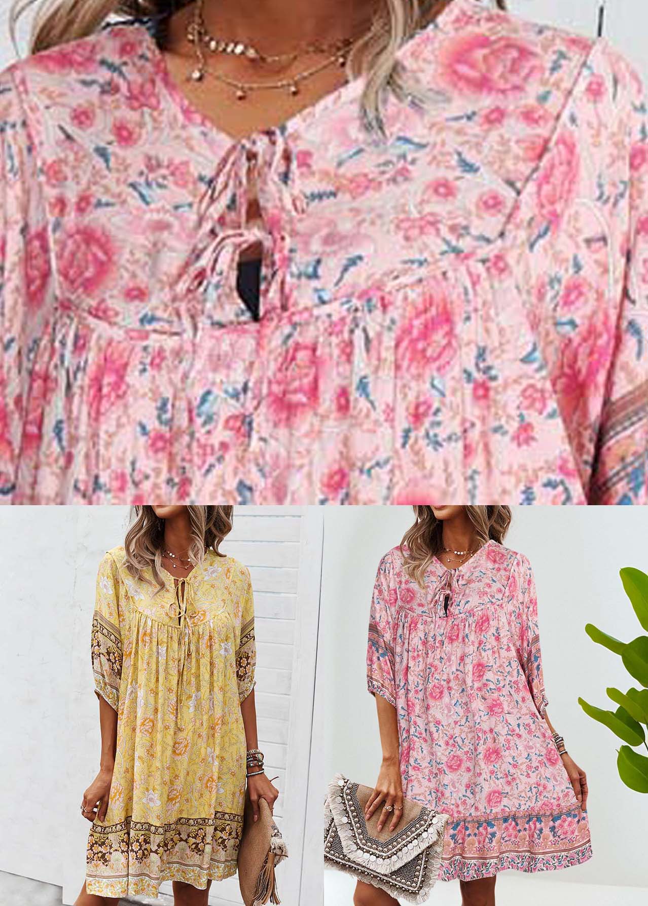 Tie Dress Mid Print Sleeve Yellow Lace Half Beach